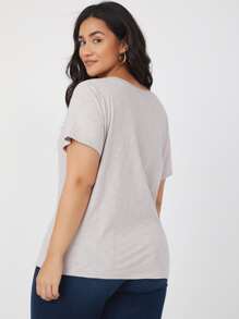SHEIN BASICS Plus Cotton V-Neck Top - Light Grey - View 2