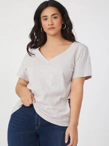 SHEIN BASICS Plus Cotton V-Neck Top - Light Grey - View 3