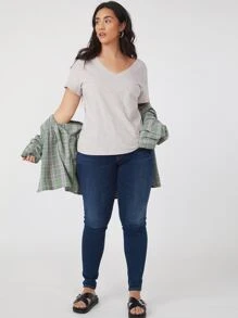 SHEIN BASICS Plus Cotton V-Neck Top - Light Grey - View 4