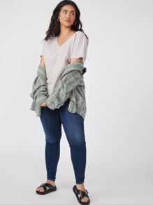SHEIN BASICS Plus Cotton V-Neck Top - Light Grey - View 5