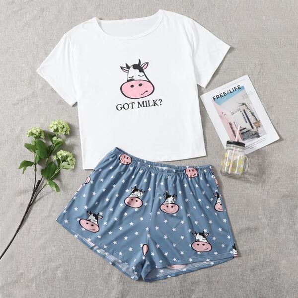 

Plus Cartoon Cow Print Tee & Shorts PJ Set, Blue and white
