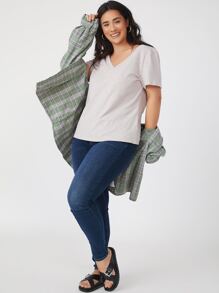 SHEIN BASICS Plus Cotton V-Neck Top - Light Grey - View 6