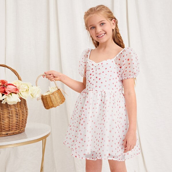

Girls 1 PC Puff Sleeve Allover Heart Print Organza Dress, White