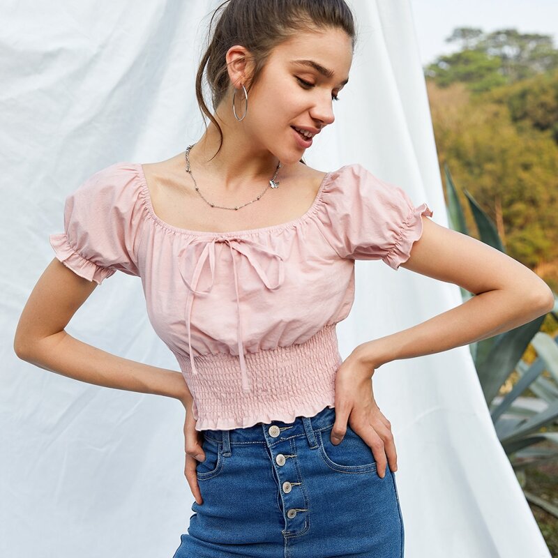 

Knot Shirred Crop Top, Baby pink