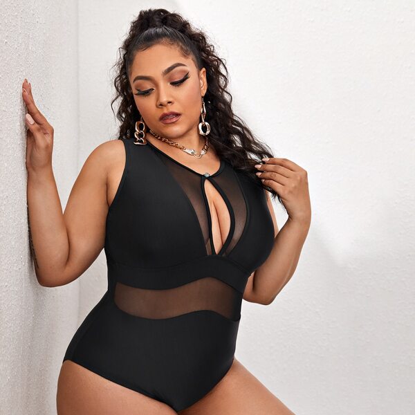 

Plus Contrast Mesh Cut-out One Piece Swimsuit, Black