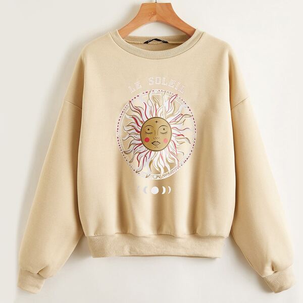 

Plus Drop Shoulder Letter & Sun Graphic Thermal Pullover, Apricot