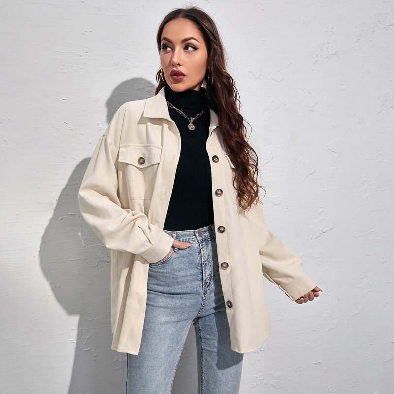 

Flap Pocket Front Drop Shoulder Overshirt, Beige