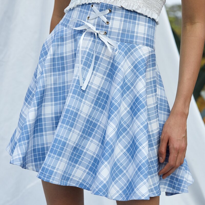 

Lace Up Plaid Skirt, Baby blue