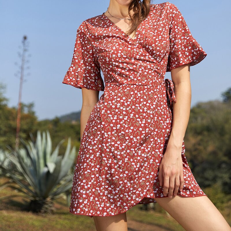 

Ditsy Flower Wrap Tie Front Dress, Redwood