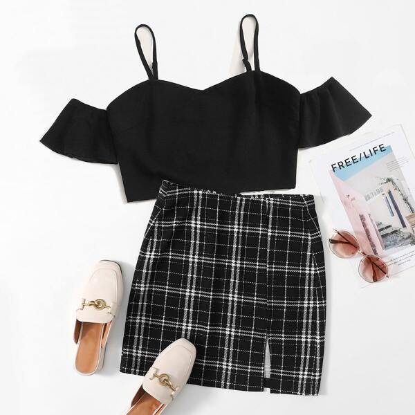 

Cold Shoulder Top & Split Hem Plaid Skirt Set, Black