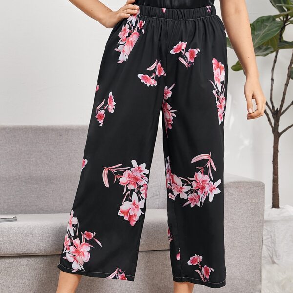 

Plus 1pc Floral Sleep Pants, Black