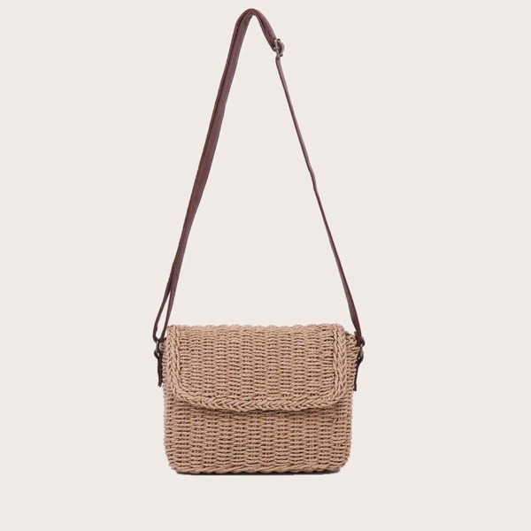 

Girls Minimalist Flap Straw Bag, Khaki