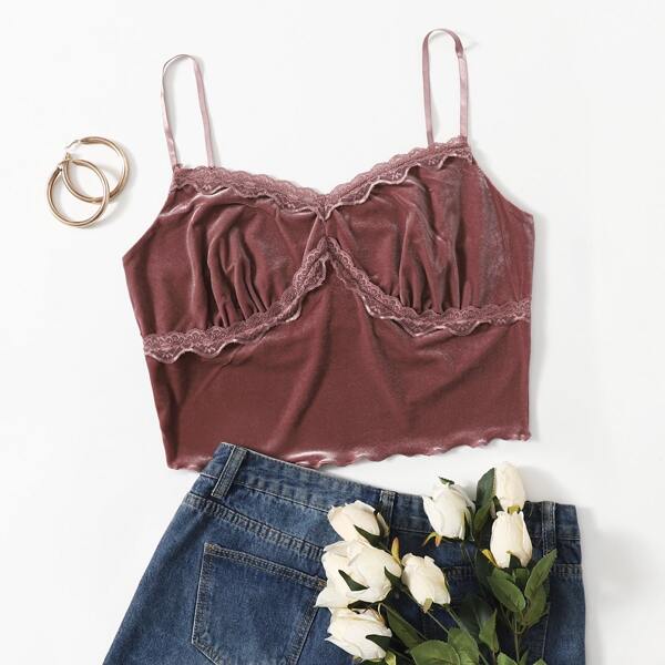 

Plus Lace Trim Velvet Cami Top, Dusty pink