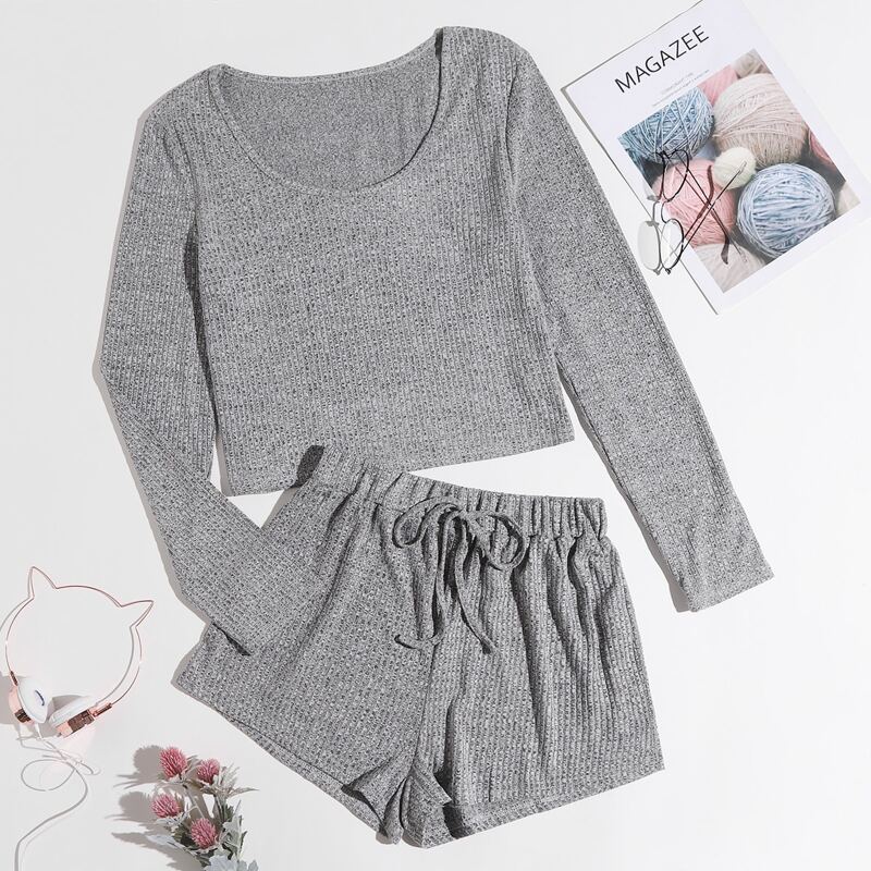 

Solid Rib Knit Knot Lounge Set, Grey