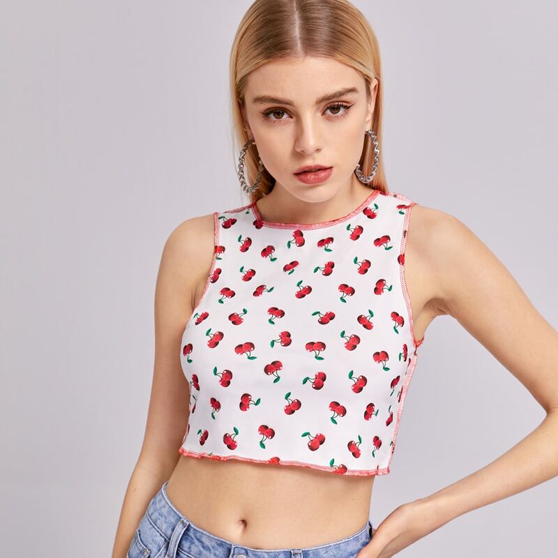 

Cherry Print Ringer Crop Tank Top, Multicolor