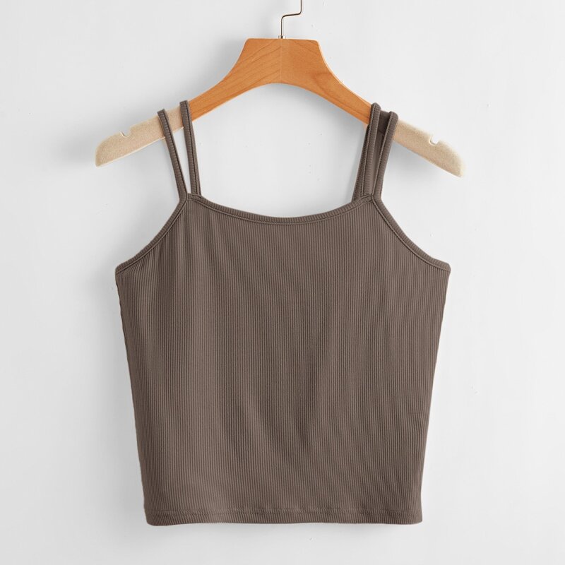 

Solid Double Strap Ribbed Crop Cami, Mocha brown