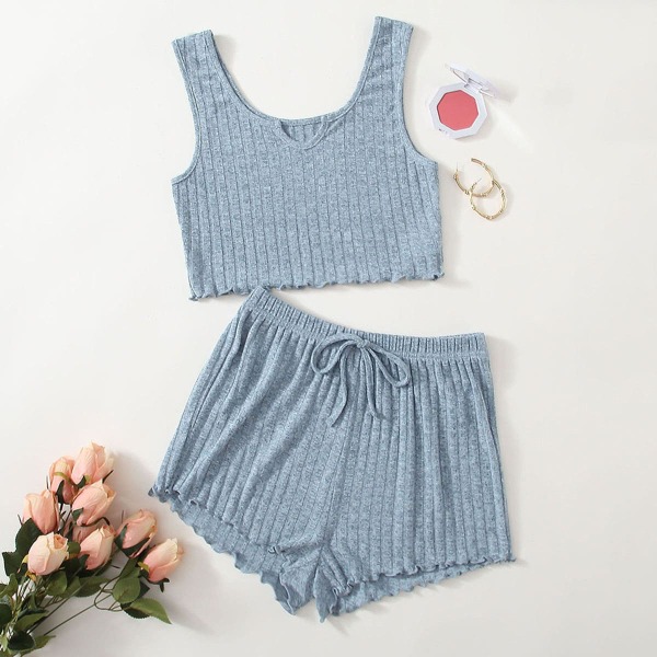 

Notch Neck Lettuce Trim Lounge Set, Dusty blue