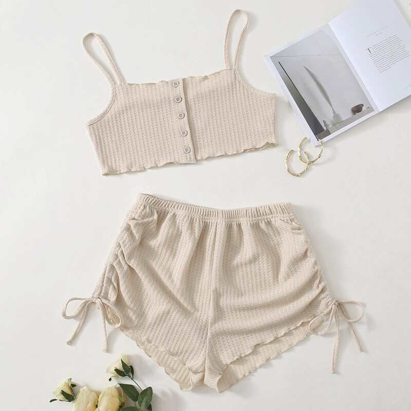 

Waffle Knit Drawstring Lounge Set, Apricot