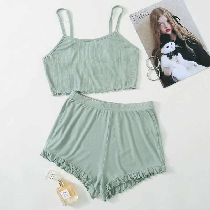 

Rib Knit Ruffle Hem Lounge Set, Mint green