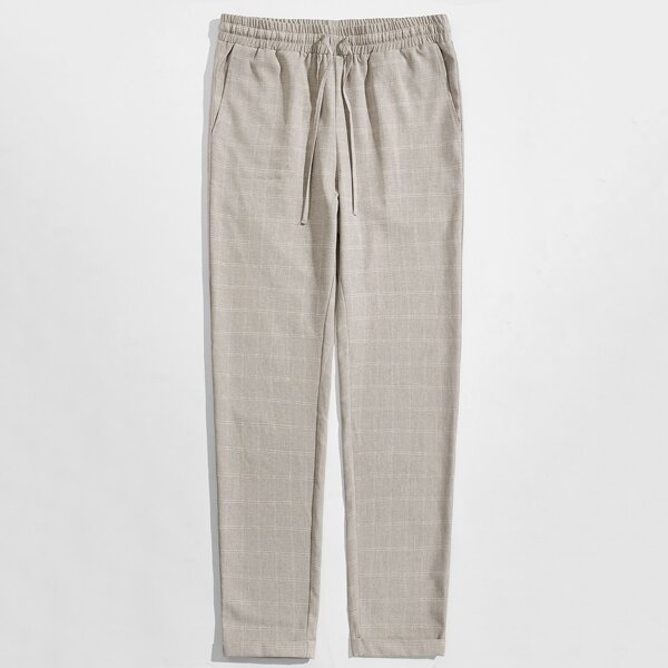

Men Drawstring Waist Plaid Pants, Khaki