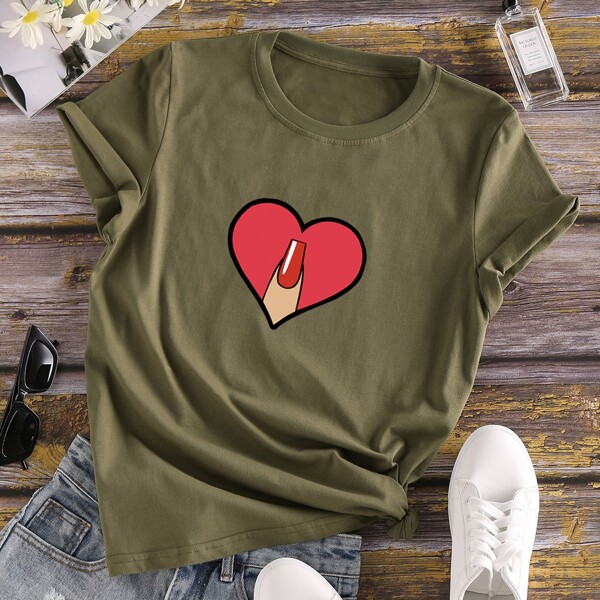 

Finger & Heart Print Tee, Army green