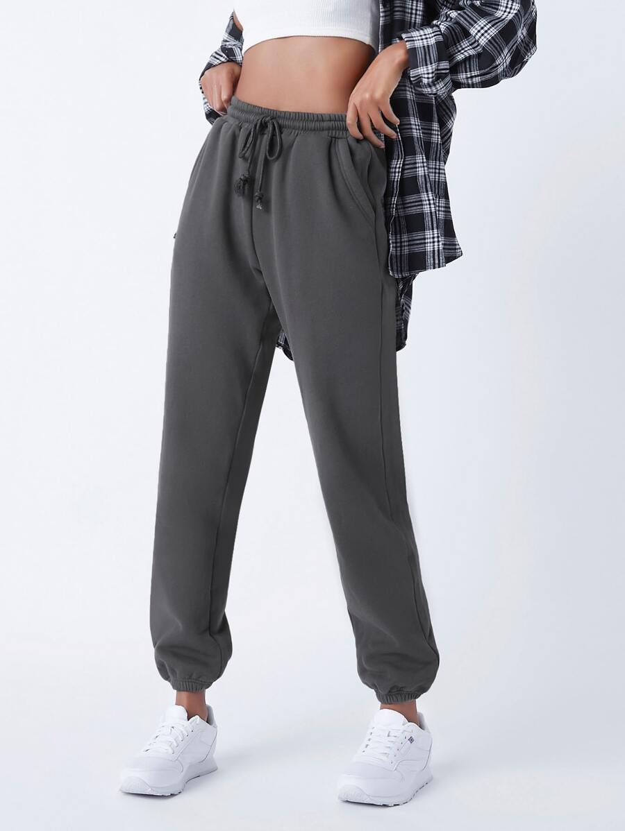 SHEIN BASICS Cozy Fleece Cotton Drawstring Waist Slant Pocket Solid Fleece Joggers - Dark Grey - View 1