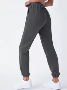 SHEIN BASICS Cozy Fleece Cotton Drawstring Waist Slant Pocket Solid Fleece Joggers - Dark Grey - View 2