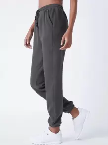 SHEIN BASICS Cozy Fleece Cotton Drawstring Waist Slant Pocket Solid Fleece Joggers - Dark Grey - View 3