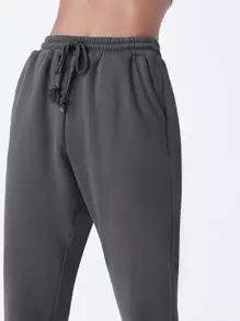 SHEIN BASICS Cozy Fleece Cotton Drawstring Waist Slant Pocket Solid Fleece Joggers - Dark Grey - View 4