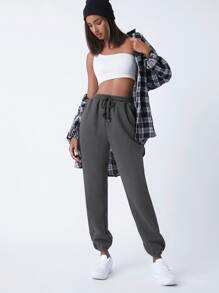SHEIN BASICS Cozy Fleece Cotton Drawstring Waist Slant Pocket Solid Fleece Joggers - Dark Grey - View 5