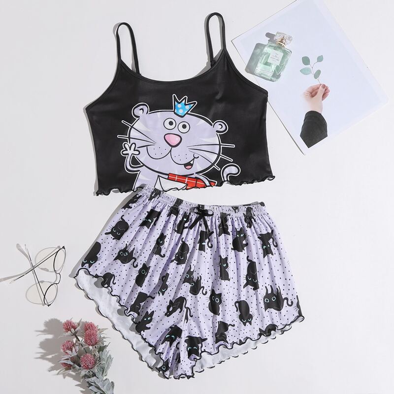 

Cartoon Graphic Lettuce Trim Pajama Set, Multicolor