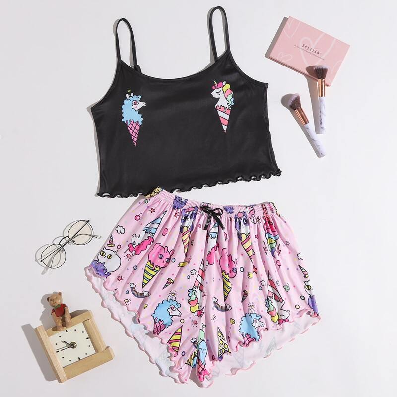 

Cartoon Graphic Lettuce Trim Pajama Set, Multicolor
