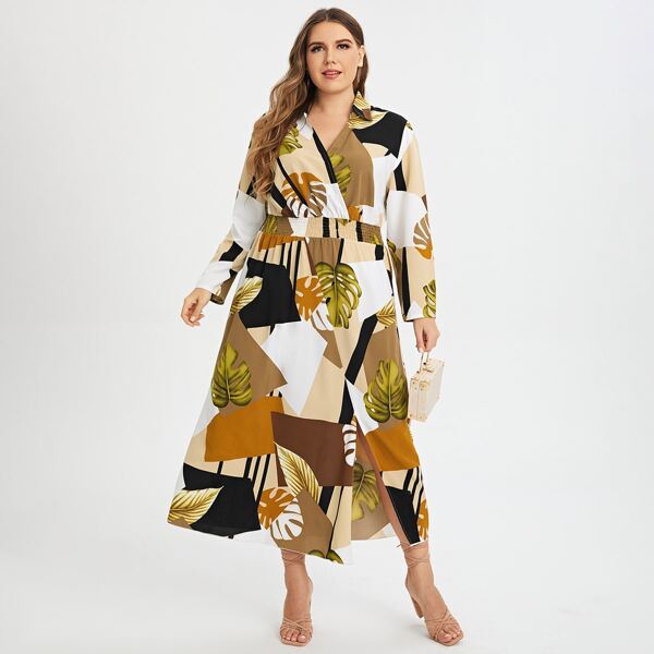 

Plus Plants & Geo Print Split Dress, Multicolor