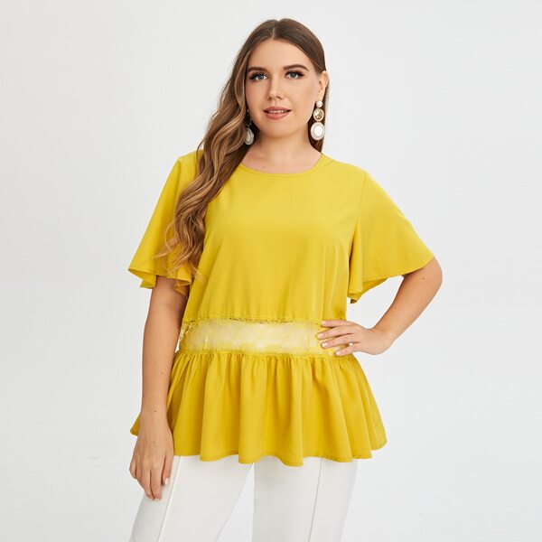 

Plus Contrast Lace Babydoll Blouse, Yellow