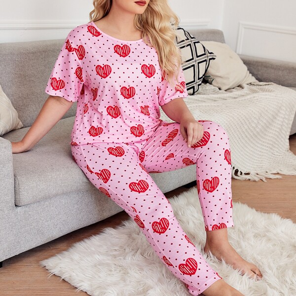 

Plus Heart And Polka Dot Print Pajama Set, Pink