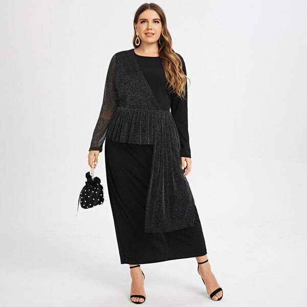 

Plus Contrast Glitter Ruffle Dress, Black