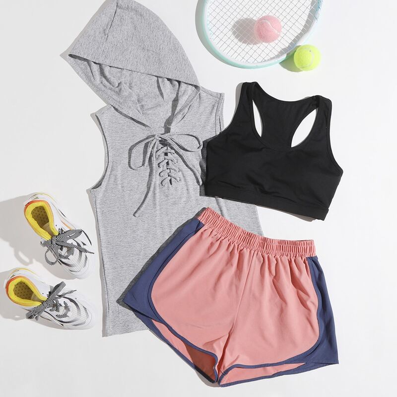 

3pack Lace Up Hooded Tank Top & Sports Bra & Track Shorts Set, Multicolor