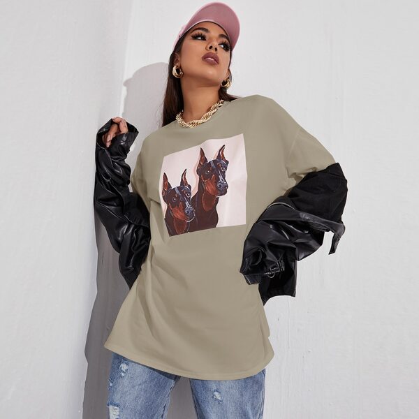 

Drop Shoulder Dog Print Longline Tee, Khaki