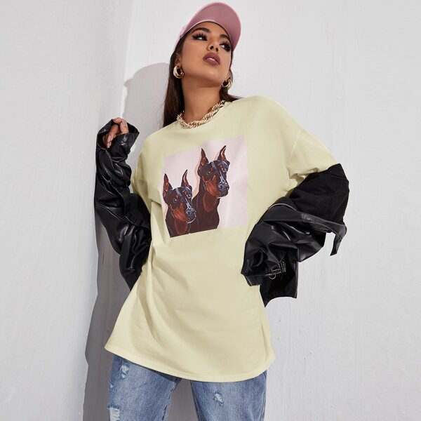 

Drop Shoulder Dog Print Longline Tee, Beige