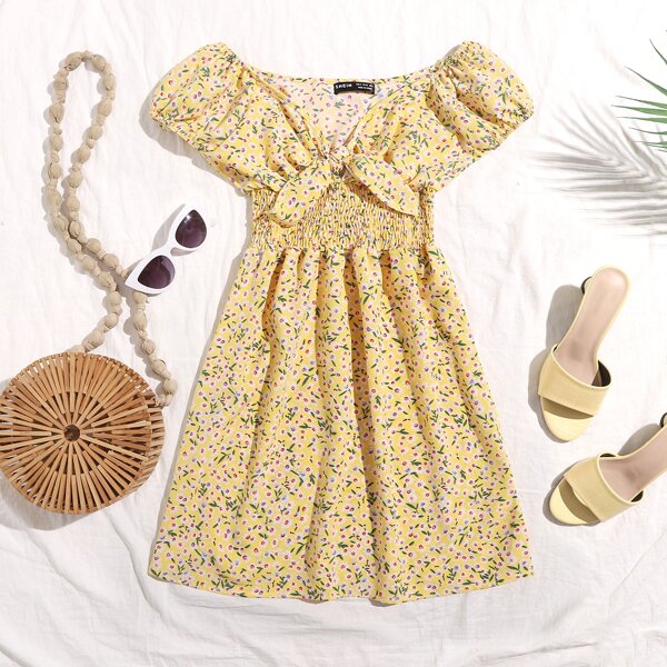 

Ditsy Floral Print Tie Front Shirred Waist Dress, Yellow