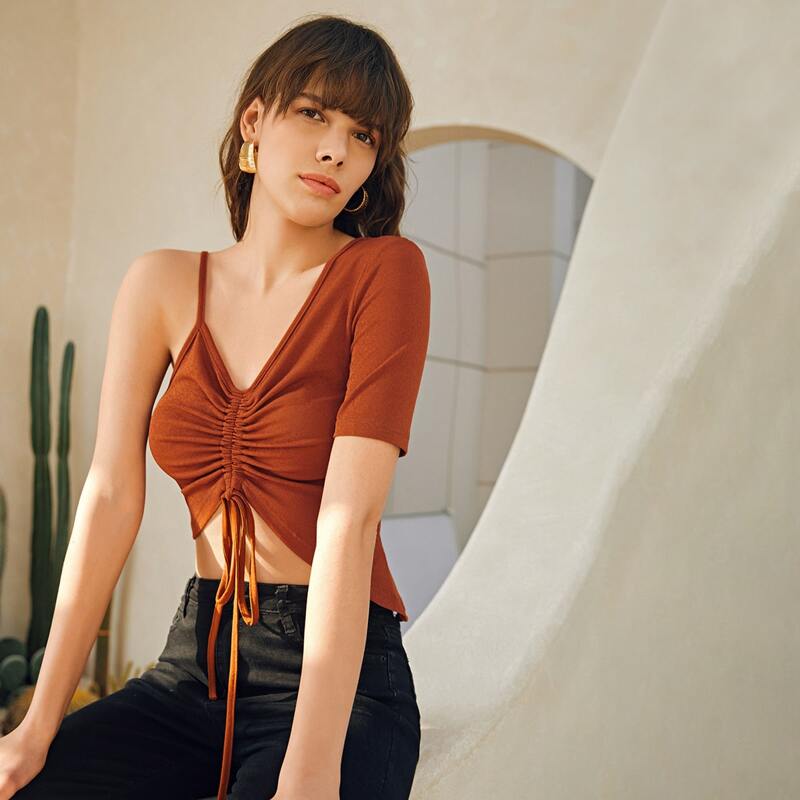 

Asymmetrical Shoulder Drawstring Knot Ruched Front Top, Burnt orange
