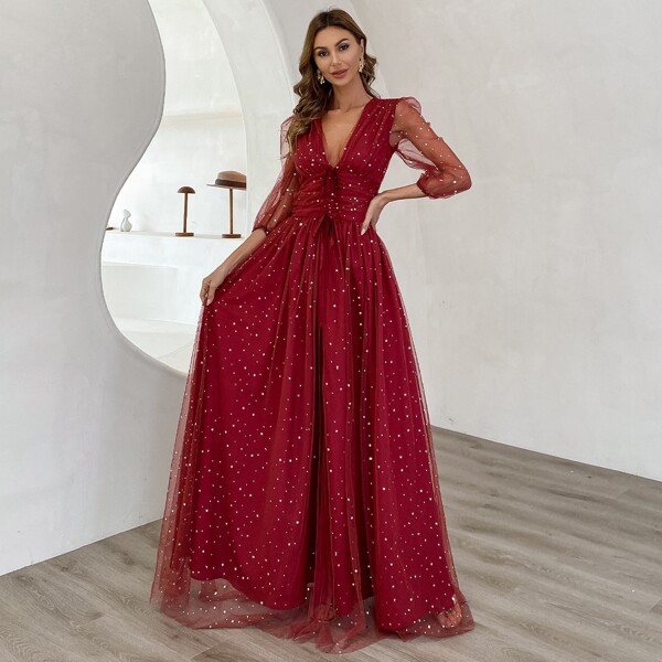 

Tie Waist Wrap Hem Star Patched Mesh Prom Dress, Red