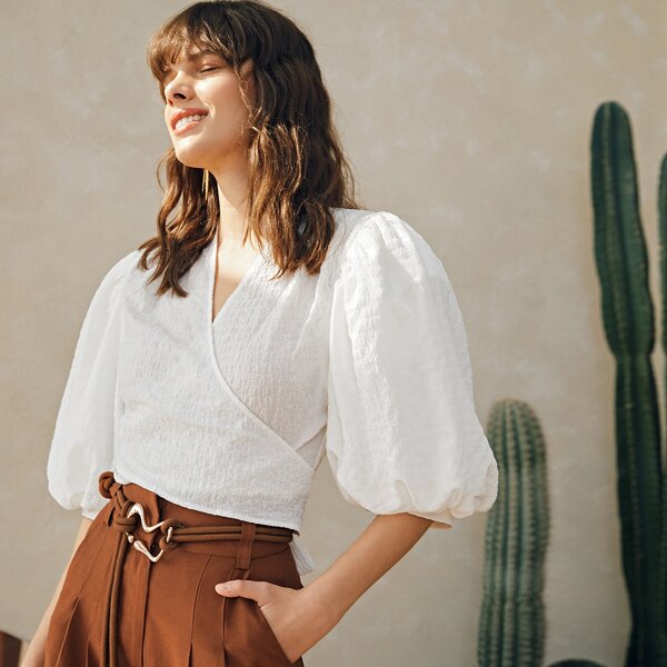 

Puff Sleeve Shirred Wrap Tie Back Top, White