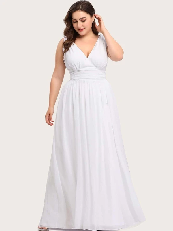 EVER-PRETTY Plus Double V Neck Ruched Waist Prom Dress