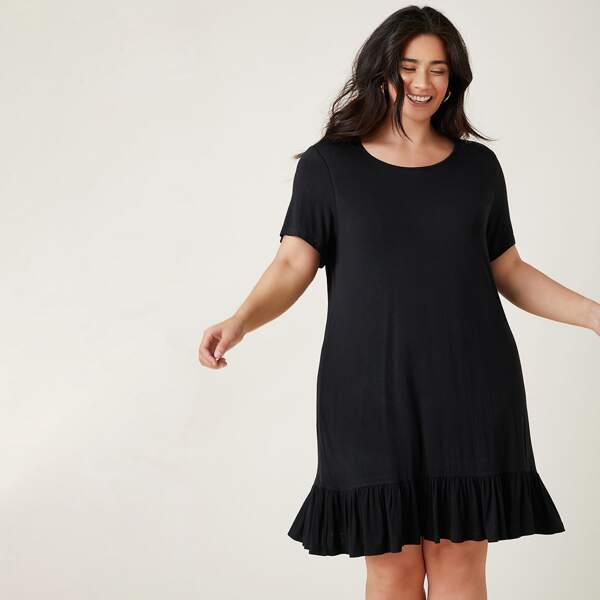 

Plus Ruffle Hem Smock Dress, Black
