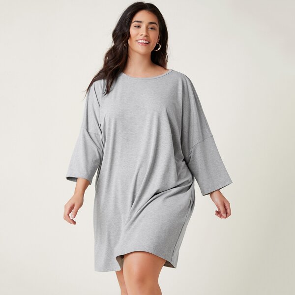 

Plus Drop Shoulder Solid Tee Dress, Light grey