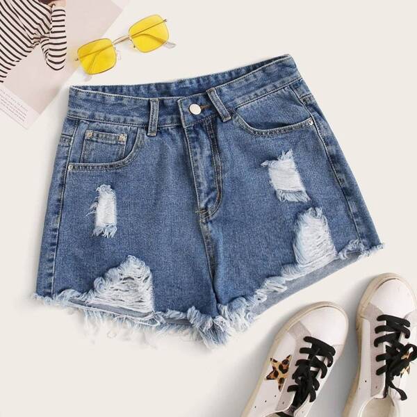 

Plus Ripped Raw Hem Denim Shorts, Medium wash