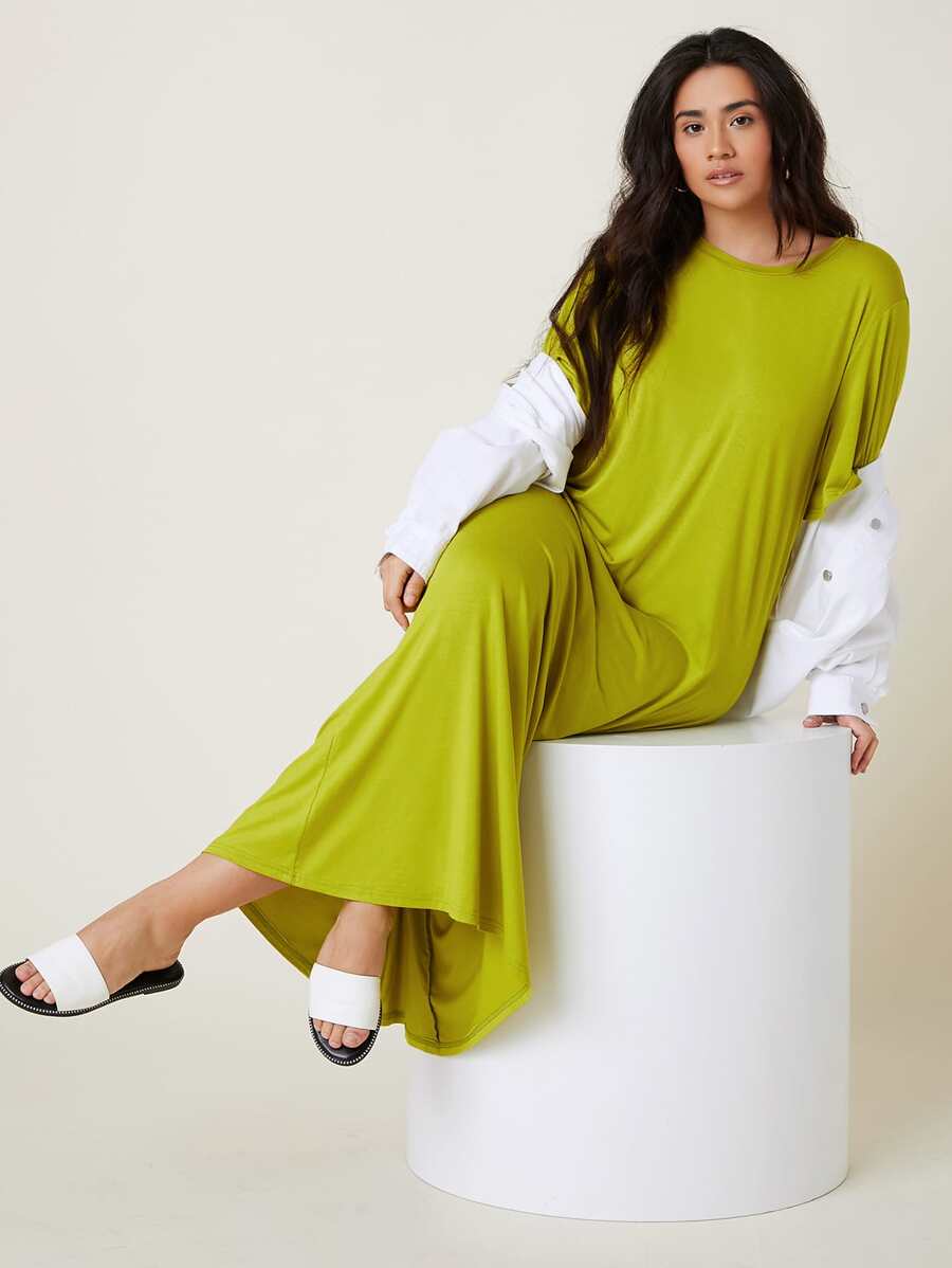SHEIN BASICS Plus Solid Tee Dress - Lime Green - View 1