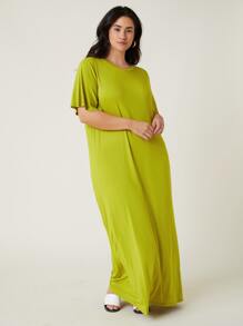 SHEIN BASICS Plus Solid Tee Dress - Lime Green - View 3