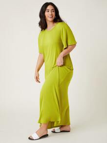 SHEIN BASICS Plus Solid Tee Dress - Lime Green - View 4